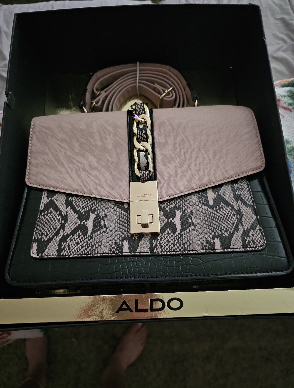 ALDO Pink & Black Crossbody Bag with Chain and Snake-Print Panel
